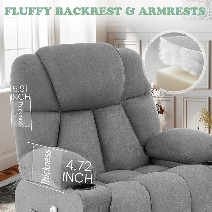Manual Recliner Chair Rocker Recliner with Vibration Massage &amp Heat Ergonomic Reclining Fabric Living Room Chairs for Bedroom Nursery Single Sofa with 4 Pockets 2 Cup Holders Grey