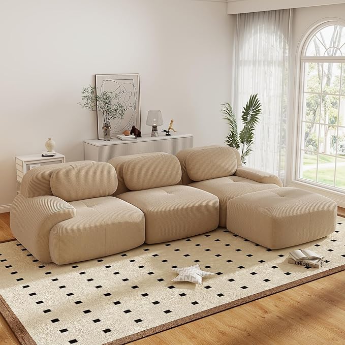 117.3” Modular Sectional Sofa Corduroy L Shape Boneless Couch with Ottoman Comfy 4 Seater Cloud Sofa Sectional Deep Seat Modern Upholstered Couches for Living Room No Assembly Required