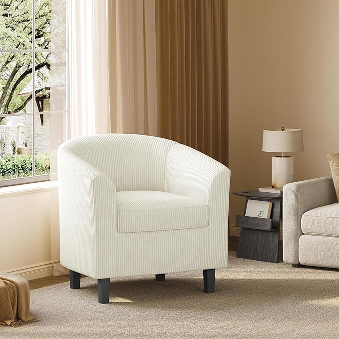 Yaheetech Corduroy Barrel Chair Upholstered Club Accent Chair Round Armchair with Soft Cushion for Living Room Bedroom Reading Waiting Room Beige