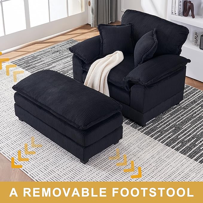 46.9 W Oversized Chair with Ottoman Corduroy Upholstered Chaise Lounge Chair Indoor Reading Chairs Sofa Couche Oversized Comfy Chairs for Living Room Bedroom (Corduroy Black)