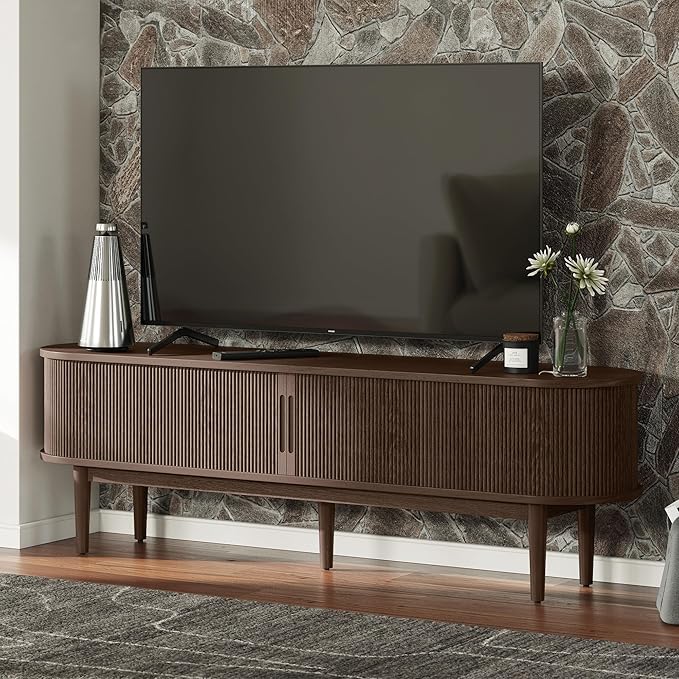 LINSY HOME 58 Fluted TV Stand for TVs up to 65 Inch Mid Century Modern Entertainment Center with Storage Cabinet and Sliding Doors Farmhouse Wood Media TV Console for Living Room Bedroom Walnut