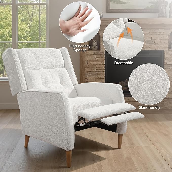 Fat Ant Wingback Pushback Recliner Chair Modern Upholstered Living Room Chair Fabric Single Sofa Recliner Seat Club Chair Home Theater Seating for Living Room Bedroom Off White