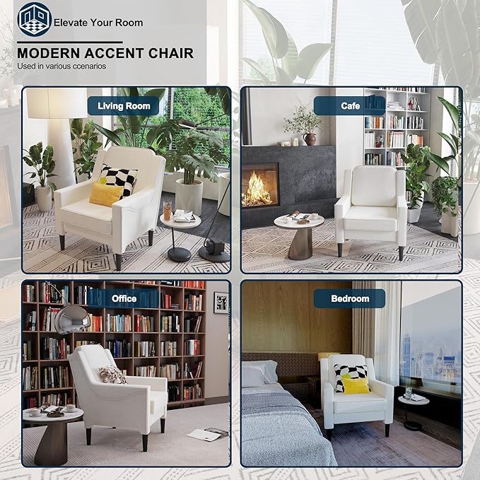 Cream Accent Chair - High Back Upholstered Armchair Comfy Living Room Arm Chair Reading Accent Chairs for Bedroom Apartment Office Single Sofa with Wood Legs