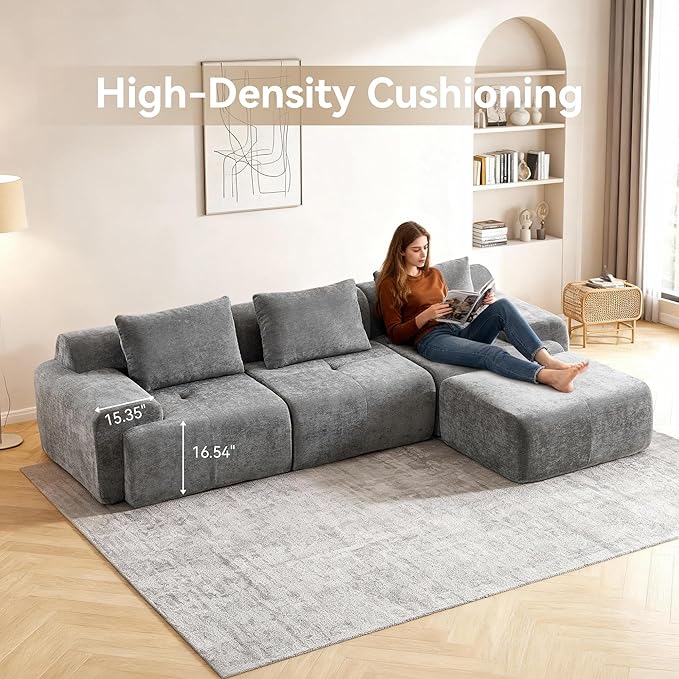 Large Ottoman 37 Inch Rectangle Footrest for Couch with Memory Foam and Chenille Upholstered Plush Floor Seating and Coffee Table for Living Room No Assembly Required Grey