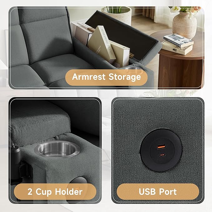 65 Sleeper Sofa Bed Loveseat Convertible Couch for Living Room RV Sofa with Adjustable Backrest Chaise Lounge Side Table USB &amp Type-C Ports