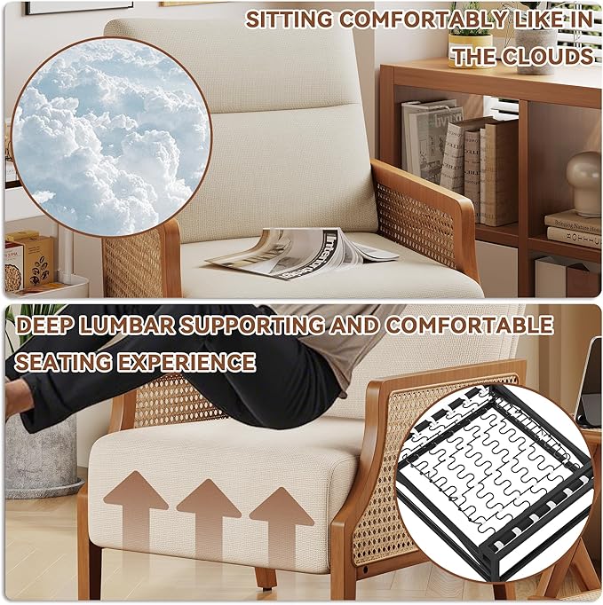 Aklaus Mid Century Accent Chair with Rattan Armrest Upholstered Living Room Chairs Lounge Fabric Reading Chairs Side Sitting Farmhouse Chair for Living Room Bedroom Balcony Beige