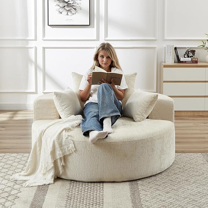 55 Oversized Round Chair Cozy Chenille Upholstered Circle Round Sofa Deep Seat Accent Chair for Living Room Bedroom &amp Reading No Assembly Required Beige