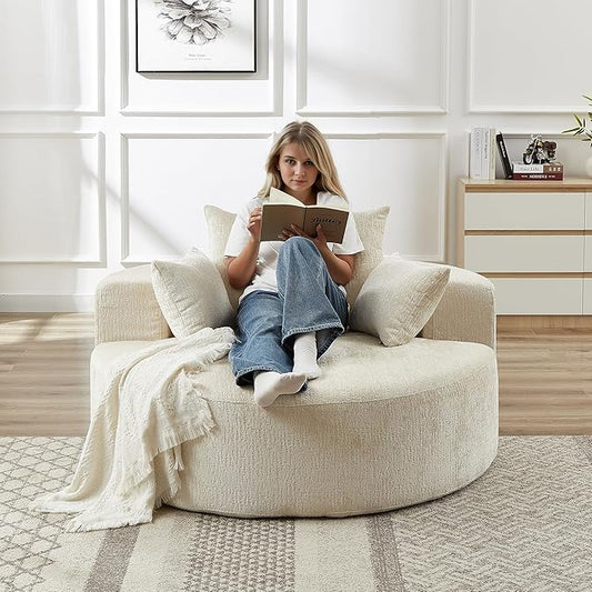 55 Oversized Round Chair Cozy Chenille Upholstered Circle Round Sofa Deep Seat Accent Chair for Living Room Bedroom &amp Reading No Assembly Required Beige