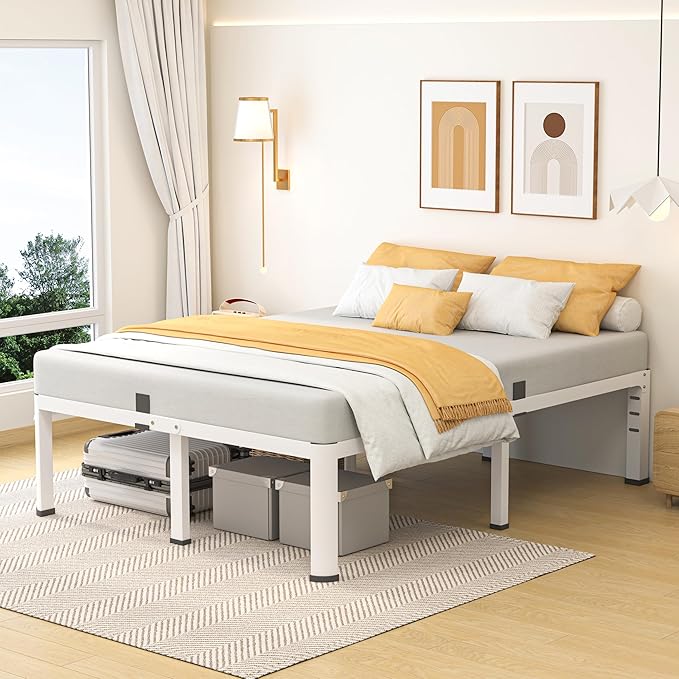 18 Inch King Size Metal Bed Frame with Round Corners Storage Space Under High Bed Frame-Heavy Duty Steel Slats Support Noise Free - Easy Assembly - No Box Spring NeededWhite