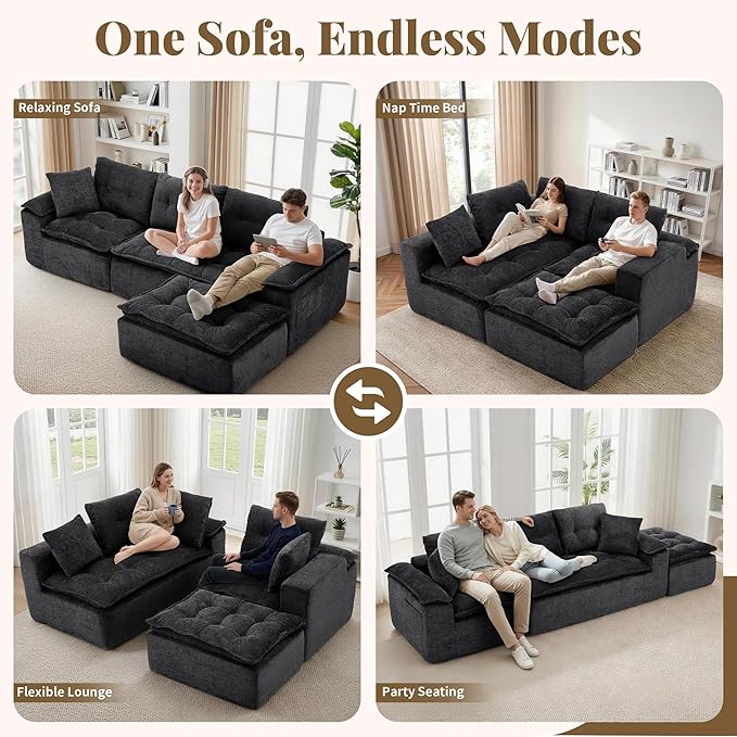 110 Modular Sectional Sofa Cloud Sectional Couch with Ottoman Modern L Shaped Sofa with Deep Seat Upholstered Boneless Couch for Living Room with Layered Cushion No Assembly Black