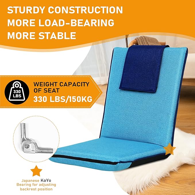 Floor Chair with Back Support 14-Position Adjustable Floor Chair Portable Ground Seating for Adults Foldable Meditation Seat with Japanese KOYO Bearings &amp Washable Linen Cover (Bright Blue)
