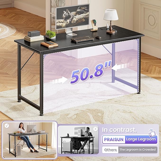 PRAISUN 55 X 20 Inch Office Computer Desk with Power Outlets and USB-C Port Larger and Longer Gaming Desk for Home Office Study Bedroom Writing Work from Home Table Metal Frame Black