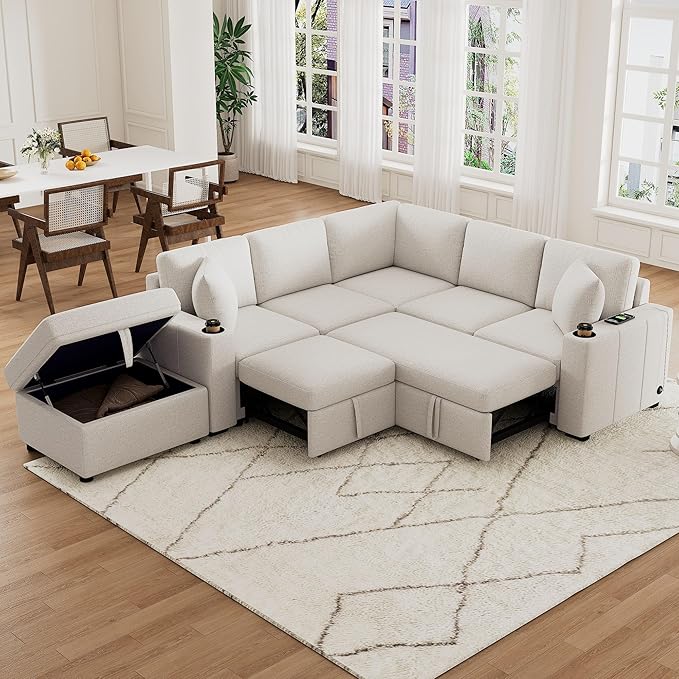 84.7 Sectional Sofa Convertible Pull-Out Sofa Bed with Movable Storage Ottoman and Dual Cup Holders Chenille Fabric Free-Combined Modular Couch for Living Room (Beige-3.27)