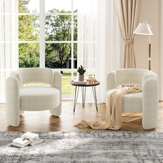 Modern Accent Barrel Chair Sherpa Upholstered Boucle Barrel Club Chair with Curved Backrest Rubberwood Frame Foot Pads Mid Century Single Armchair for Living RoomBedroomWaiting Room(Beige)