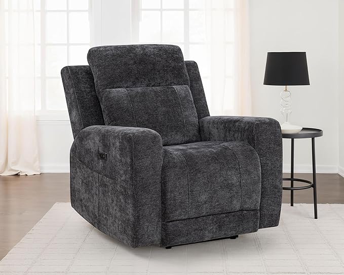 Coaster Home Furnishings - Kennett - Chenille Upholstered Power Recliner Chair with Push-Button Mechanism Built-in Ports Padded Headrest - Living Room - Dark Grey - 610156P