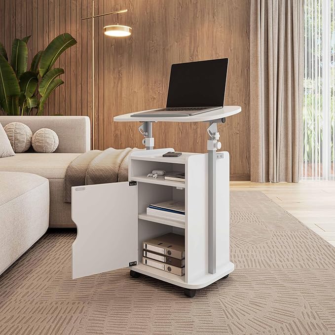 Techni Mobili Adjustable Laptop Cart with Storage Rolling Mobile Workstation Desk with Cabinet Shelf &amp Locking Wheels. Height Adjustable Sit to Stand for Home Office Bedside or Classroom (Whit