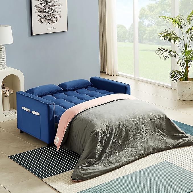 Convertible Sleeper Sofa Bed Modern Chenille 3-in-1 Futon Couch Pullout Bed with Adjustable Backrest Storage Pockets and Toss Pillows Sofa Bed Couch for Living Room Bedroom Blue
