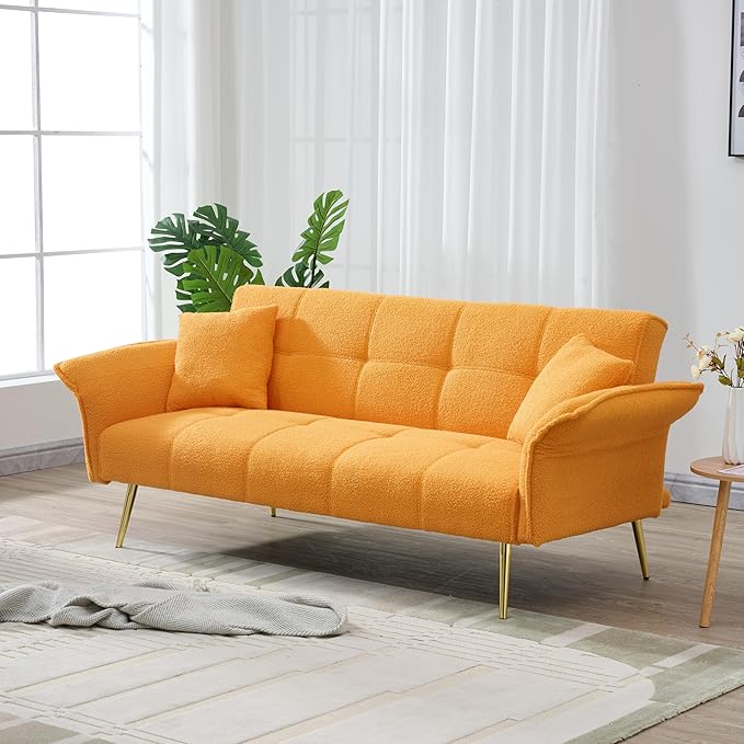 Convertible Sofa Bed Futon Couch Bed with Adjustable Arms and Backrest Modern Love Sofa with Gold Metal Legs for Living Room Bedroom (Teddy Fabric in Yellow 70.1 Wx31.1 Dx31.5 H)