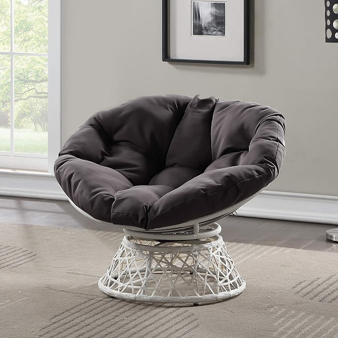 OSP Home Furnishings Wicker Papasan Chair with 360-Degree Swivel Cream Frame with Grey Cushion
