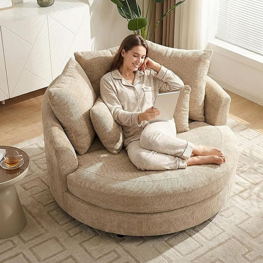 Aoiy &amp Wifon 59.8 W Oversized Barrel Chairs Round Accent Chair with Wheels Extra Large Living Room Chair Knitted Chenille Wheat