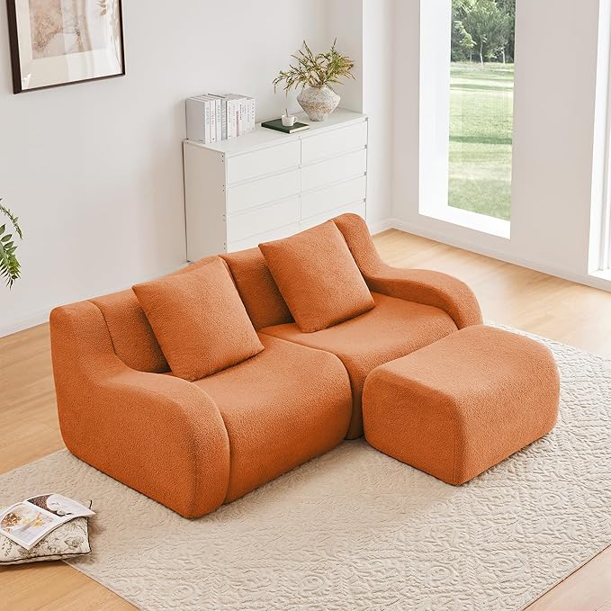 KEIKI 83 L-Shaped Teddy Modular Sectional Loveseat Sofa with 1 Ottoman &amp High-Density Foam Cushions &amp Curved Armrest &amp 2 Pillows Streamlined Design Boneless 2-Seater Couch for Living Ro