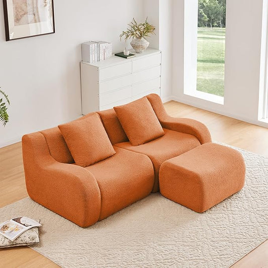 KEIKI 83 L-Shaped Teddy Modular Sectional Loveseat Sofa with 1 Ottoman &amp High-Density Foam Cushions &amp Curved Armrest &amp 2 Pillows Streamlined Design Boneless 2-Seater Couch for Living Ro