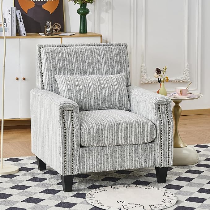 Stripes Accent Chair Modern Upholstered Boucle Fabric Armchair Single Sofa with Wood Legs for Living Room Patio Grey Stripes.