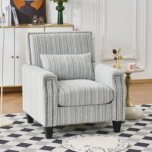 Stripes Accent Chair Modern Upholstered Boucle Fabric Armchair Single Sofa with Wood Legs for Living Room Patio Grey Stripes.