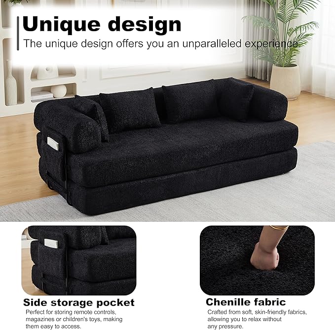 78.7 Chenille 4-in-1 Folding Convertible Sofa Bed Boneless Couches with 4 Pillows &amp Convenient Side Pockets Comfy Foldable Compressed Sofa in Box Floor Sofa Lounge Couch for Living Room(Black)