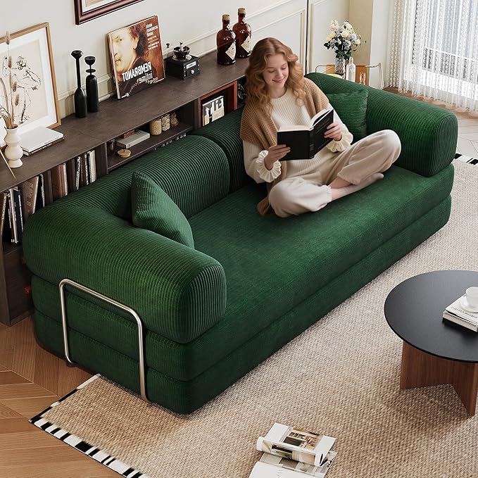 Convertible Sleeper Sofa Bed with Cylindrical Pillow 79 Inch Oversized Corduroy Upholstered Boneless CouchLove Seat Floor Sofas Living RoomSmall Space ApartmentOffice (Green)