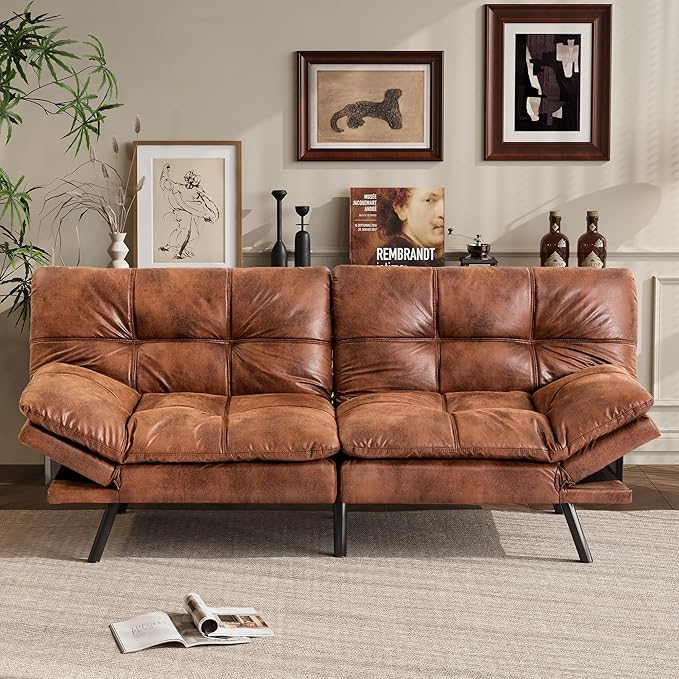 Vyfipt 71 Convertible Futon Sofa Bed3-in-1 Faux Leather Fabric Futon Couch with Memory Foam Modern Foldable Sleeper Loveseat for Small Spaces Living RoomOffice &amp ApartmentBrown