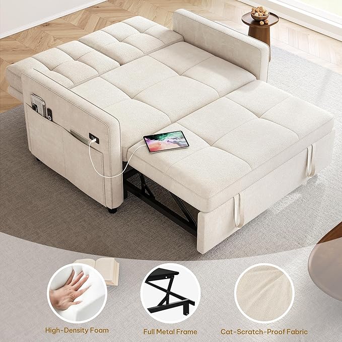 YITAHOME 55 Convertible Sofa Bed 3-in-1 Sleeper Sofa with Pull-Out Bed Cat-Scratch-Proof Futon Couch with 5-Levels Reclining Backrest USB and Side Pocket Modern Loveseat for Living Room Beige