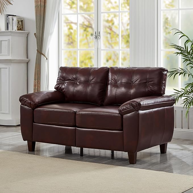 59 Faux Leather Loveseat with Storage Mid-Century Modern PU Sofa Couch with Tufted Seat &amp Back Deep Seat Small Sofa for Living Room Apartment Office Vintage Upholstered 2-Seater Couch Burgu