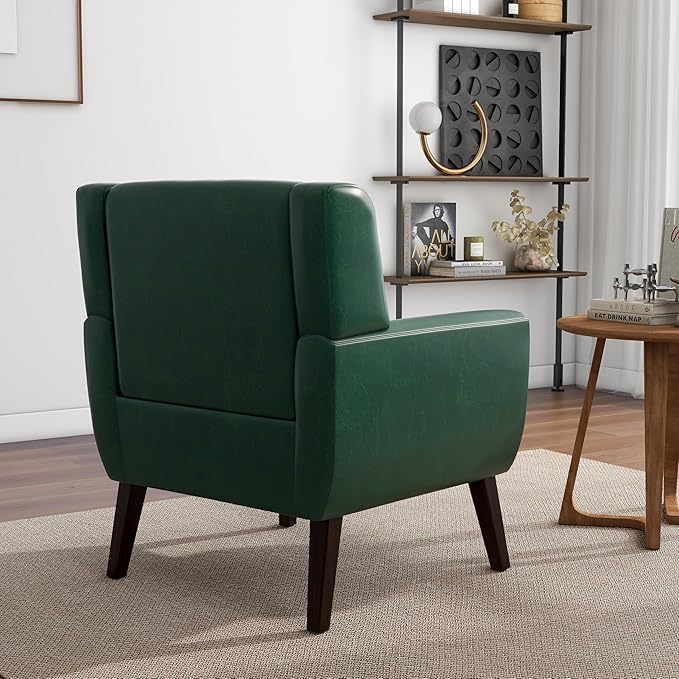 Accent Chair Mid-Century Modern PU Leather Chairs with Arms for Living Room Comfy Upholstered Club Single Sofa Armchair for Bedroom Waiting Room with Solid Wood Frame（Leather Green Set of 2)