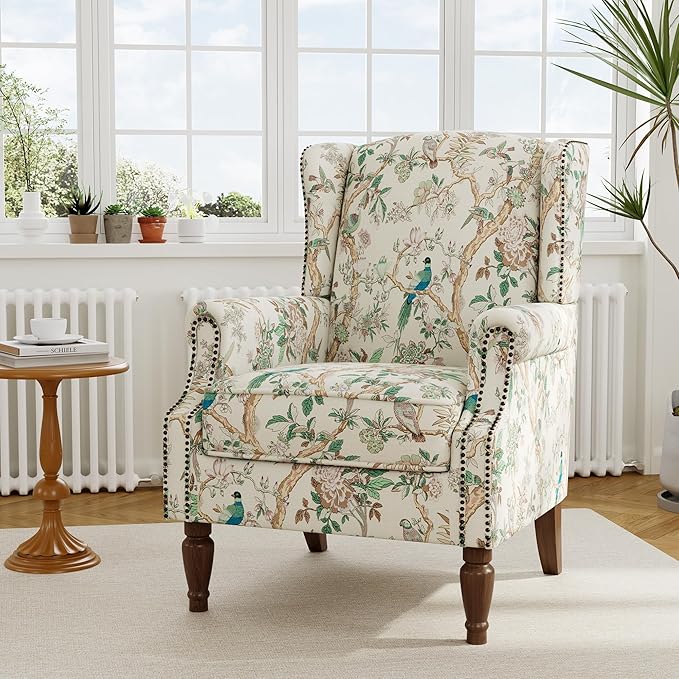 Floral High Back Accent Chair Upholstered Armchair with Solid Wood Legs Comfy Wingback Reading Single Sofa Chair for Small Spaces Living Room Bedroom(Floral Bird Set of 2)