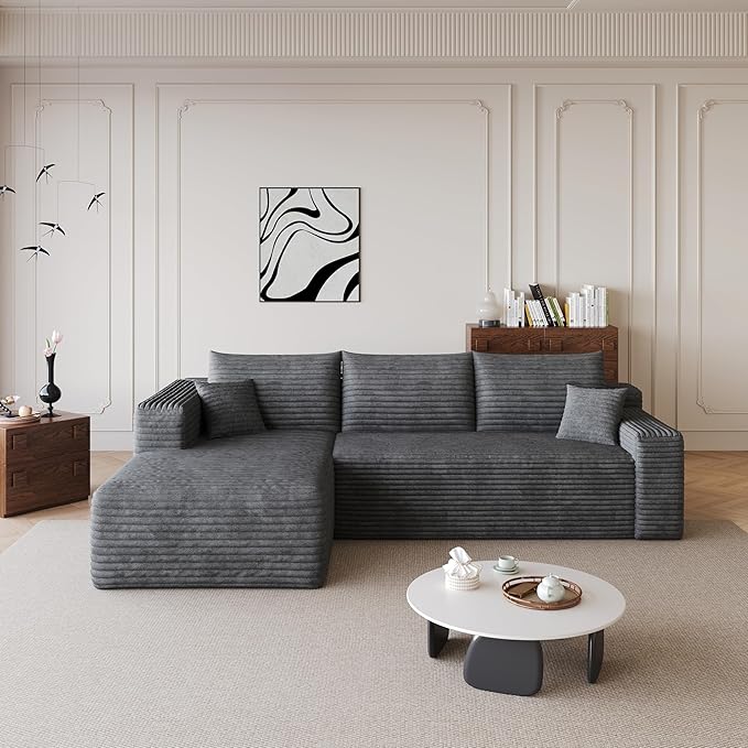 96 Boneless Cloud Modular Sectional Sofa – L-Shape Corduroy CouchDeep Seating Comfort No Assembly Ideal for Apartments &amp Small Living Rooms (Dark GrayLeft Facing)