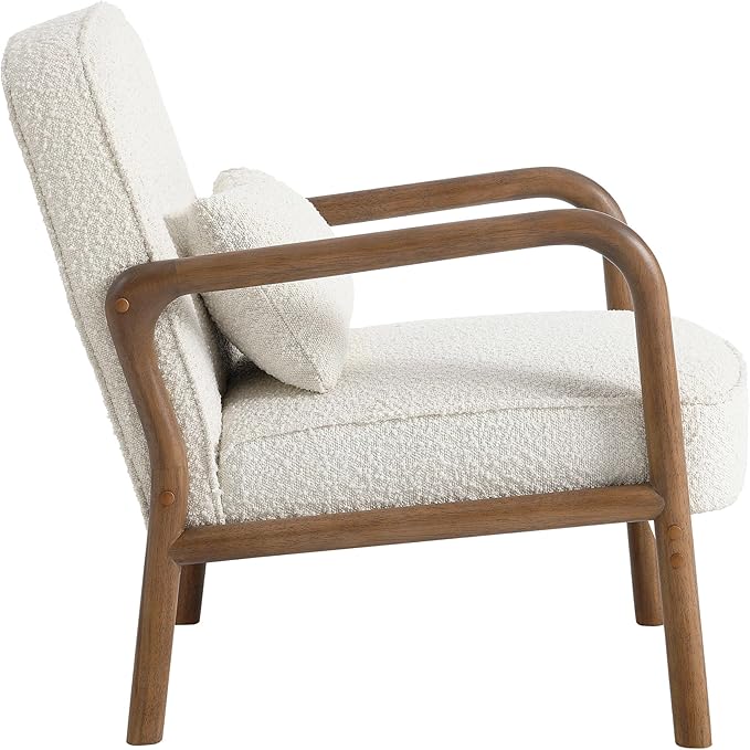 Modway Charlie Boucle Upholstered Wood Accent Armchair in Ivory – Mid-Century Modern Chair with Cushion – Cozy Reading Chair with Solid Wood Frame – Fabric Upholstered Armchair for Living Room