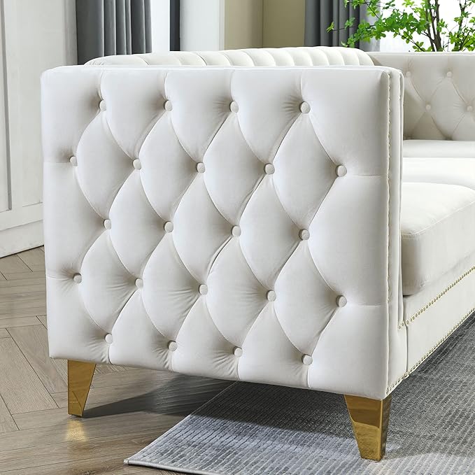 KEIKI 82.2 Velvet Corner Sofa Tufted 5 Seat Couch L-Shaped Sectional Couch for Living Room Buttons Tufted Square Arm Couch for Home Apartment Beige
