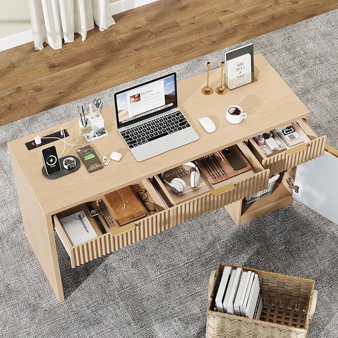 Vabches 60 Executive Desk with Fluted Drawers Wood Home Office Desk with Storage Cabinet Charging Station Fluted Computer Writing Desk for Study Living Room Natural Oak.