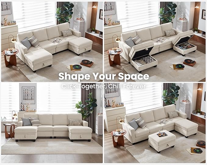 CHIC HOUSE Corduroy Modular Sectional Couch with Ottoman Chaise L/U Shaped Sleeper Sofa for Living Room Apartment Lounge Modern Armrest Neck Support Furniture (6 Seater Sectional Beige)