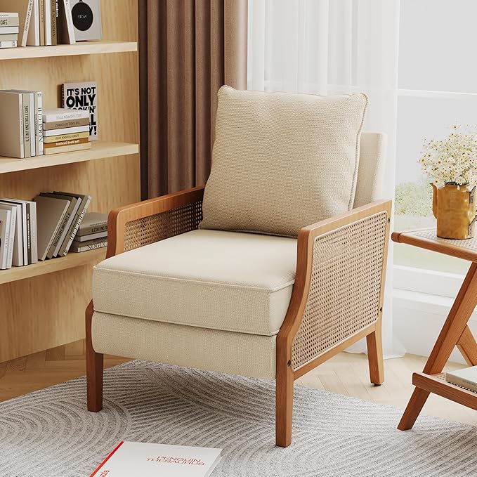 HAOBO Home Modern Accent Chair Upholstered Living Room Chairs Armchair with Rattan Armrest Comfy Reading Chair Lounge Side Chairs (Beige)