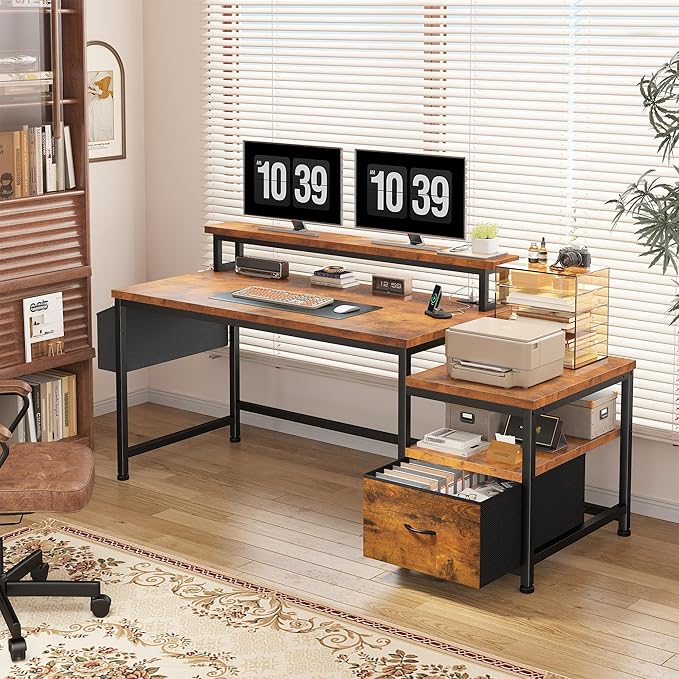 EnHomee 57 Office Desk with Drawers and Printer SpaceComputer Desk with Power OutletsHome Office Desks with File Drawers CabinetStudy and Gaming Desk with Shelves Monitor StandRustic Brown