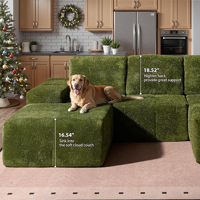 114 Modular Sectional Sofa with Ottoman Silver Luminous Boneless L-Shape Couch with Deep Seat Assembly Free Sectional Sofa for Living Room (Green Right Chaise)