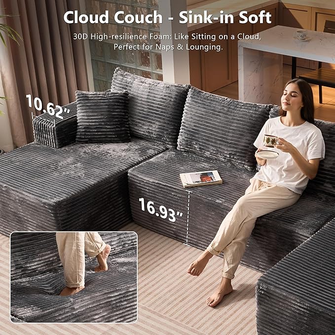 135 U-Shaped Cloud Sectional Couch Plush Corduroy Modular Sofa with Double Chaise No Assembly Deep Seat Boneless Sofa Set for Living Room (Gray U-Shape)