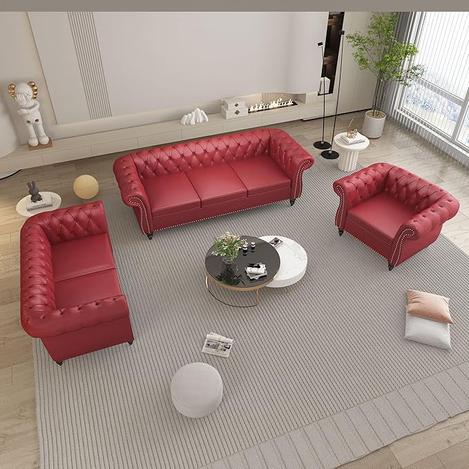 AVZEAR 2-Piece Living Room Sectional Sofa Set Upholstered Sofa Modern Sofa Couches Set Style Button Tufted PU Chesterfield Sofa for Living Room Apartment 1+3 Seat PU Claret
