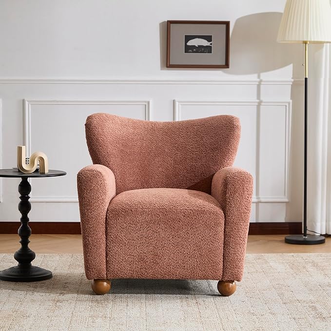 Christopher Knight Home Lindy Wingback Accent Chair Upholstered Armchair with Rounded Wooden Legs Curved Backrest Single Sofa Soft Cushion Seating Comfy Lounge Chair for Living Room Dusty Coral