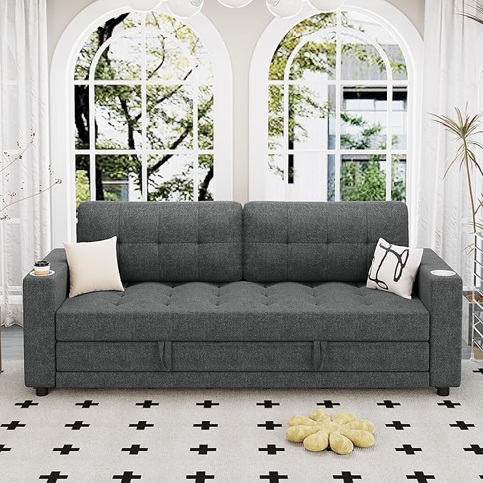 Upgraded Queen Size Futon Sofa Bed 83 Thick Upholstery Loveseat Sleeper Sofa Pull Out Couch Convertible Floor Couch for Bedroom/Living Room/Entertainment Room (Dark Grey)