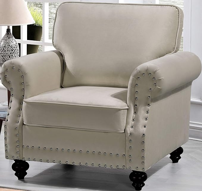 Lotus Mid Century Modern Velvet Upholstered Living Room Rolled Arms Chair 38 Beige