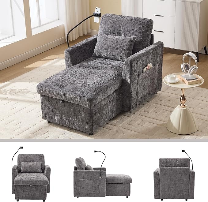 Multifunctional Recliner Sofa Chair with Storage Phone Holder &amp Adjustable Backrest Chenille Fabric Single Leisure Chair for Living Room Bedroom Small Spaces (Grey)