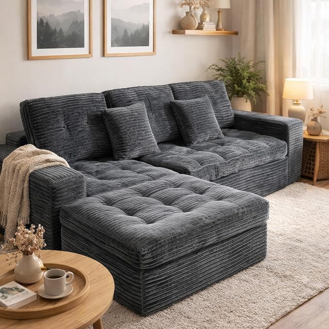 L-Shaped Modular Sectional Sofa with Chaise - 105 Inch Boneless Comfy Corduroy Fluffy Couch with Deep SeatNo Assembly Required Apartments &amp Living RoomsGray